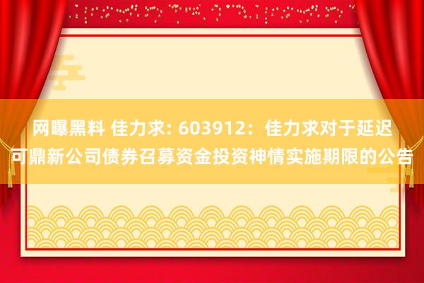 网曝黑料 佳力求: 603912：佳力求对于延迟可鼎新公司债券召募资金投资神情实施期限的公告